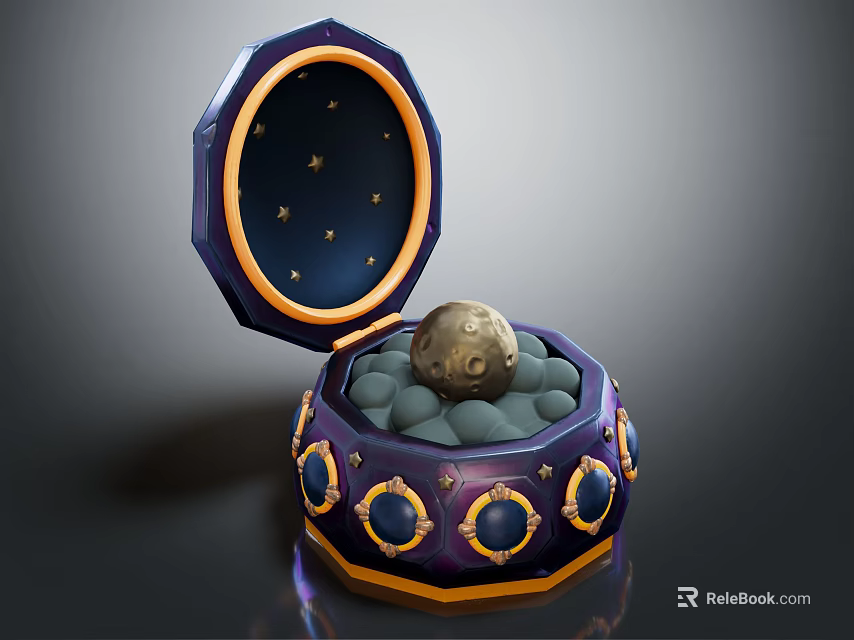 Ornamental Decor Set With Open Box Spherical Object Gray Pellets And Purple Gold Accents 3d model 