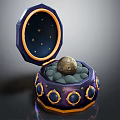 Ornamental Decor Set With Open Box Spherical Object Gray Pellets And Purple Gold Accents