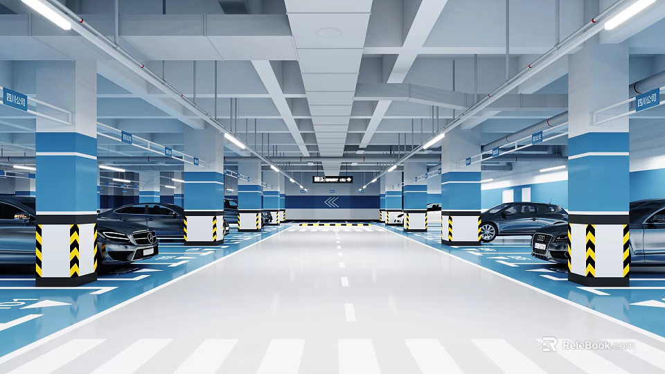 Modern Parking Garage With Blue White Flooring Lines Parked Black Cars And Bright Ceiling Lighting 3d model 