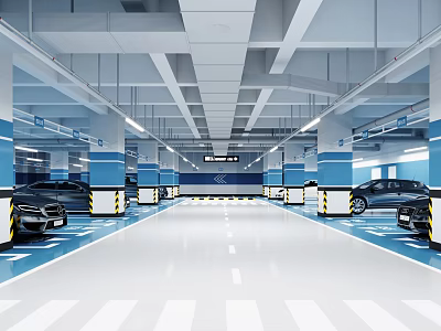 Modern Parking Garage With Blue White Flooring Lines Parked Black Cars And Bright Ceiling Lighting 3d model