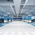 Modern Parking Garage With Blue White Flooring Lines Parked Black Cars And Bright Ceiling Lighting