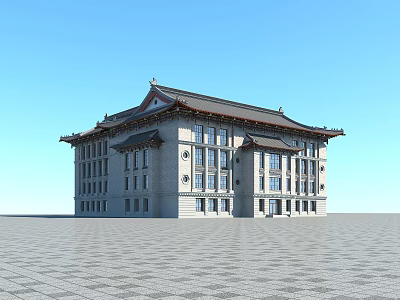 Chinese Style Office Building With Traditional Roof Overhanging Eaves Gray Facade And Large Windows 3d model