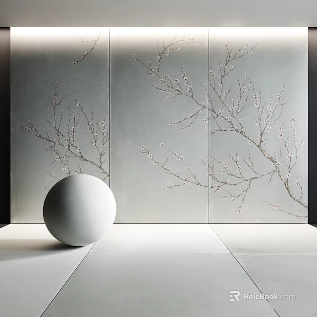 Modern Decorative Wall With Branch Patterns And White Sphere On Tile Floor 3d model