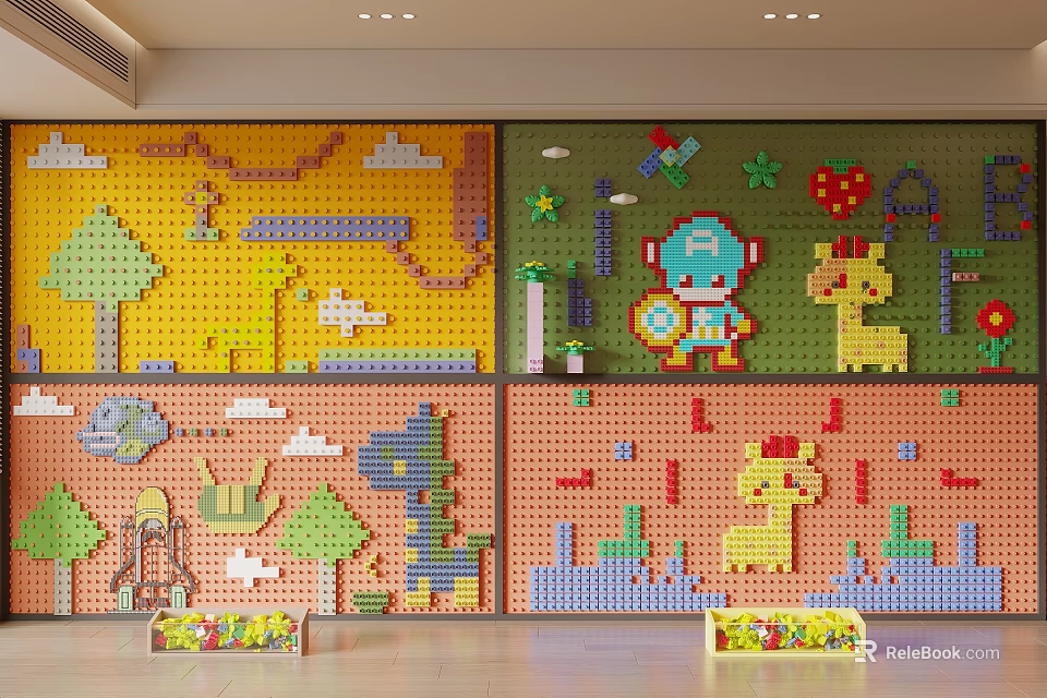 Colorful Kids Playroom Wall Design With Lego style Animals Trees And Cartoon Patterns 3d model 