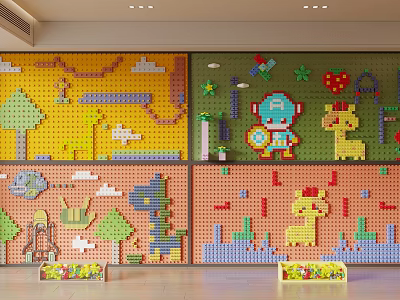 Colorful Kids Playroom Wall Design With Lego style Animals Trees And Cartoon Patterns 3d model