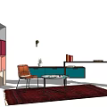 Modern Dark Wood TV Stand In Living Room With Red Rug Potted Plant And Books