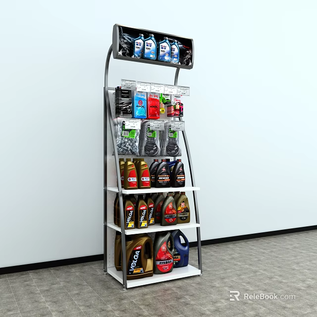 Various Automotive Products On Display Shelf Including Oil Bottles And Cleaning Supplies 3d model 