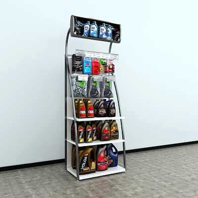 Various Automotive Products On Display Shelf Including Oil Bottles And Cleaning Supplies 3d model
