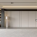 Modern Living Room Interior With Light Walls Cabinetry Floor Lamp Potted Plant And Gray Rug