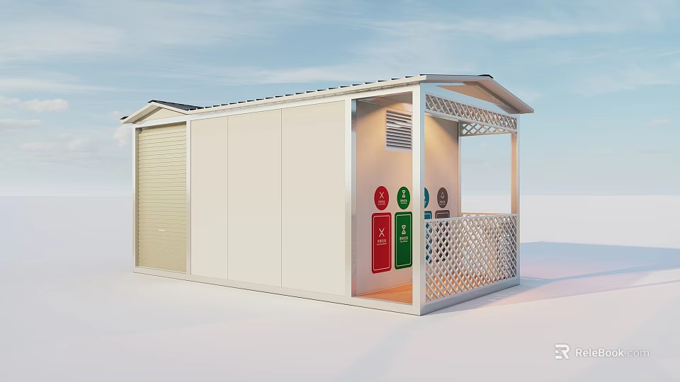 Modern White Recycling Facility With Colored Bins Roll up Door And Lattice Fence 3d model 