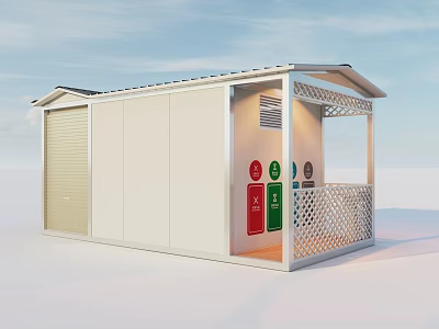 Modern White Recycling Facility With Colored Bins Roll up Door And Lattice Fence 3d model