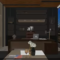 Modern Office Interior Design With Wooden Desk Laptop Lamp Documents Bookshelf Decorations And Plant