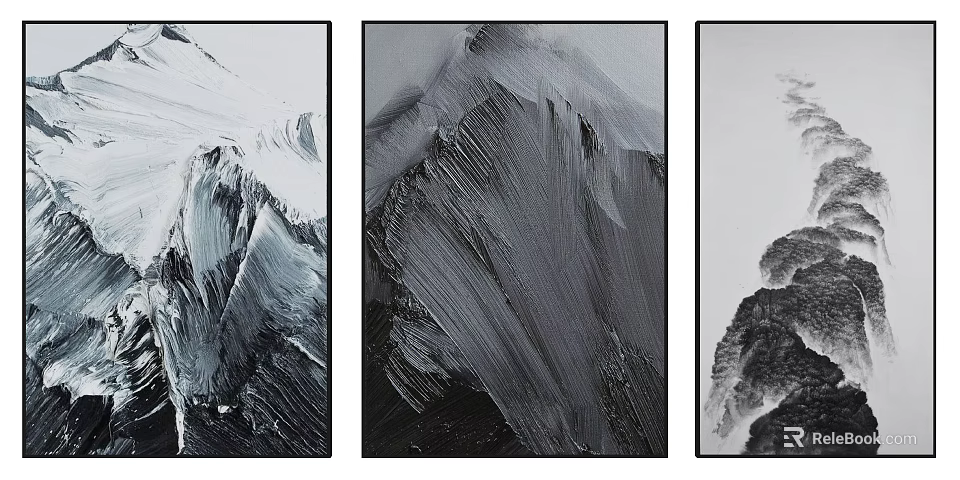 Abstract Mountain Paintings In Black White Three Panels For Modern Interior Decor 3d model