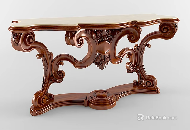 Antique Carved Wood Console Table With Ornate Scroll Design And Marble Top 3d model 