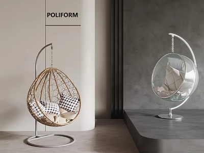 Modern Indoor Hanging Chairs With Rattan And Metal Frames Egg Shaped Design And Cushions 3d model
