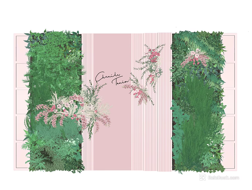 Elegant Floral Installation With Greenery And Pink Flowers For Striped Background Interior Decor 3d model 