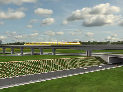 Road Infrastructure With Elevated Viaduct High Speed Train Tracks And Green Belt Lanes 3d model