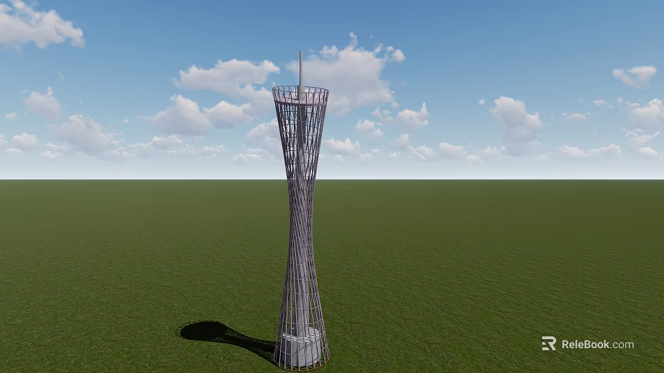 Modern Lattice Tower Structure Standing On Green Grassland Under Blue Sky 3d model 