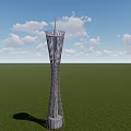 Modern Lattice Tower Structure Standing On Green Grassland Under Blue Sky 3d model