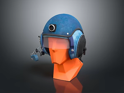 Blue Tactical Helmet With Visor Earmuffs And Microphone On Orange Mannequin 3d model