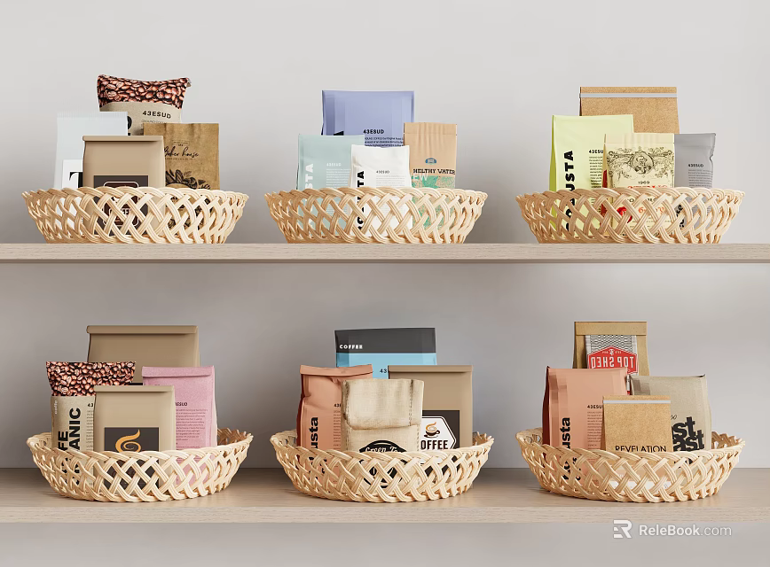 Assorted Food Packages Including Tea Coffee And Snacks In Wicker Baskets On Shelves 3d model 