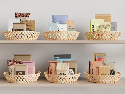 Assorted Food Packages Including Tea Coffee And Snacks In Wicker Baskets On Shelves 3d model