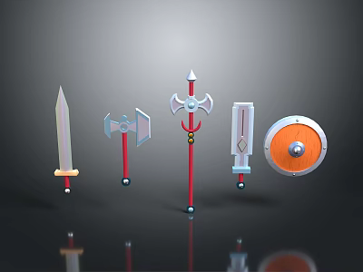 3D Rendered Fantasy Weapons Collection with Sword Axe Spear Shield and Metallic Blades 3d model