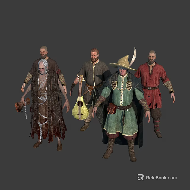 Medieval Male Characters In Different Costumes With Musical Instrument And Hatted Attire 3d model 