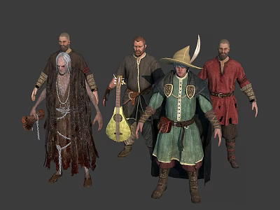 Medieval Male Characters In Different Costumes With Musical Instrument And Hatted Attire 3d model
