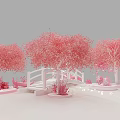 Pink Themed Landscape With Blossoming Trees White Bridge And Circular Platforms 3d model