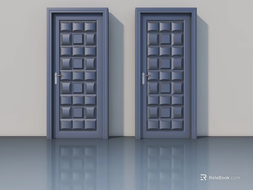 Two Dark Gray Swing Doors With Square Panel Design In Modern Interior 3d model