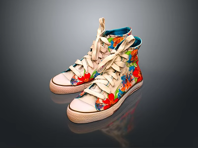 High-top Canvas Shoes with Stylish Red Blue Floral Pattern and Casual Lace-up Design for Daily Wear 3d model