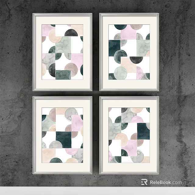Framed Abstract Paintings Geometric Shapes Soft Pink Green Black Beige Marble Texture Gray Wall 3d model 