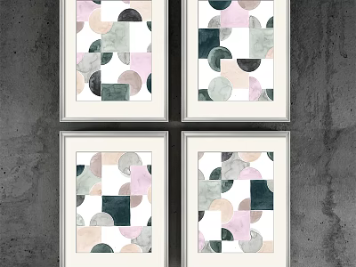 Framed Abstract Paintings Geometric Shapes Soft Pink Green Black Beige Marble Texture Gray Wall 3d model