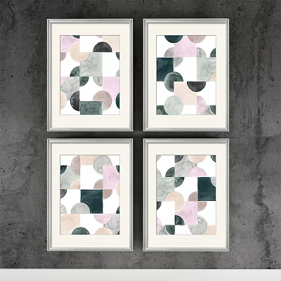 Framed Abstract Paintings Geometric Shapes Soft Pink Green Black Beige Marble Texture Gray Wall 3d model