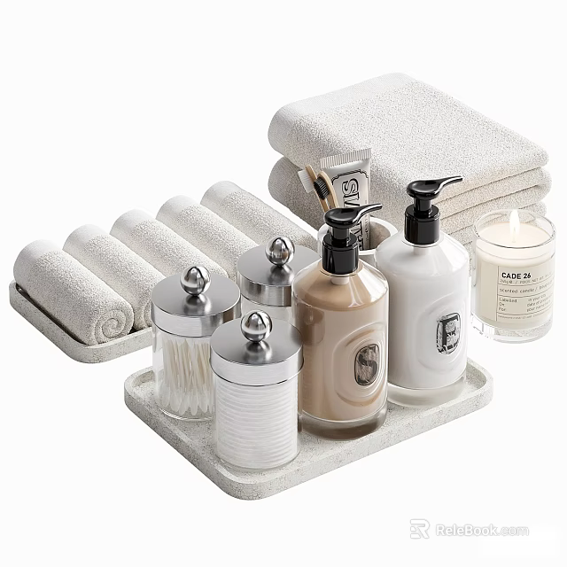 Daily Washing Essentials With Folded Towels Soap Dispensers Storage Jars And Tray 3d model 