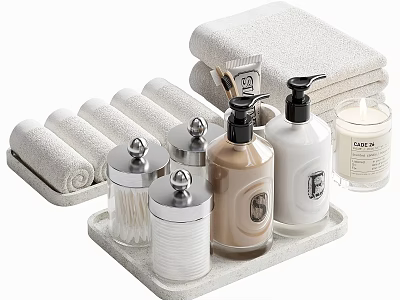 Daily Washing Essentials With Folded Towels Soap Dispensers Storage Jars And Tray 3d model
