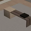 Modern Stone And Wooden Stool With Black Tray On Light Carpet And Wooden Floor