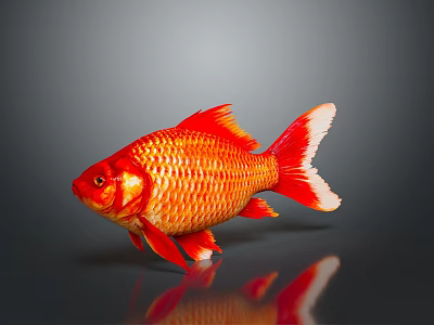 Red Goldfish Featuring Orange Red Scales And White Tail Tip On Gray Background With Reflection 3d model