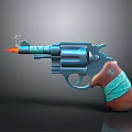 Blue Metal Revolver With Green Strapped Grip Firing Flame And Smoke 3d model