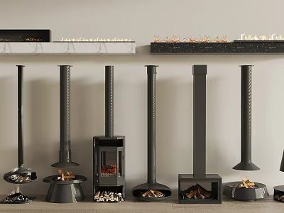 Different Styles of Black Freestanding Fireplaces with Chimneys and Firewood 3d model