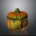 Decorative Pumpkin Shaped Container With Colorful Orange Yellow Green Stripes And Wooden Stem Lid