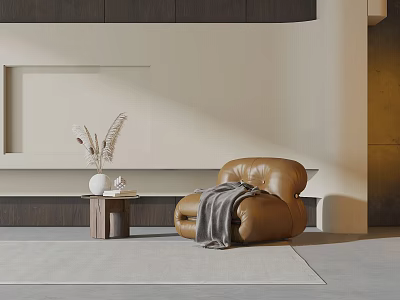 Modern Brown Leather Single Seater Sofa With Side Table Vase Dried Plant And Light Rug 3d model