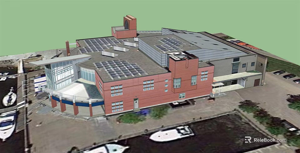 Modern Building With Solar Panels On Roof Near Water And Boats 3d model 