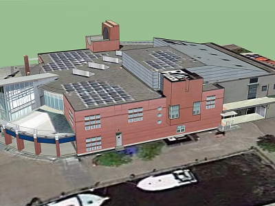 Modern Building With Solar Panels On Roof Near Water And Boats 3d model
