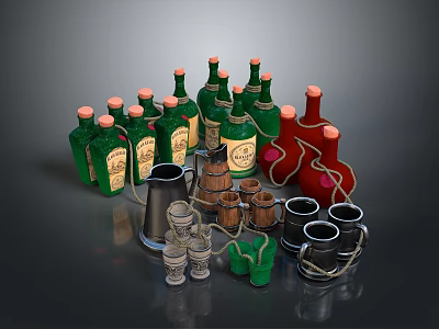 Assorted Household Items Including Green Bottles Wooden Barrels And Metal Cups 3d model