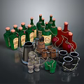 Assorted Household Items Including Green Bottles Wooden Barrels And Metal Cups