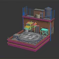 Futuristic Sci-Fi Scene With Orange Building Yellow Vehicle Circular Platform And Water Tower