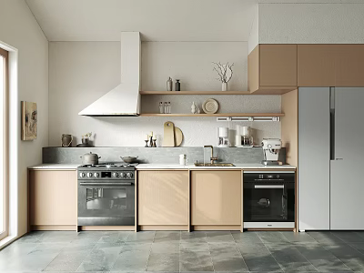 Modern Kitchen Interior Design With Light Colored Cabinets White Range Hood And Appliances 3d model