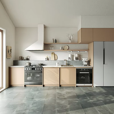 Modern Kitchen Interior Design With Light Colored Cabinets White Range Hood And Appliances 3d model